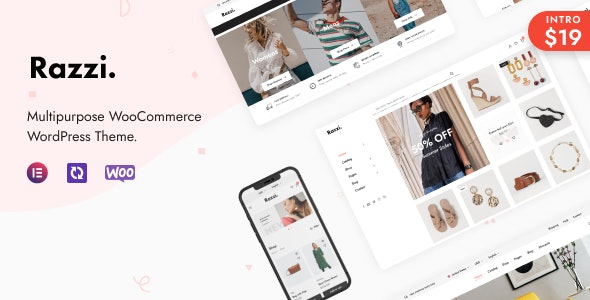 Razzi 是一个干净且最小的 AJAX WooCommerce WordPress 主题，由 Elementor builder 提供支持。它专为您的数码商店、高科技商店、手表店、男装店、女装店、服装店、家具店、书店、化妆品店、奢侈品珠宝店和配饰店而打造……
